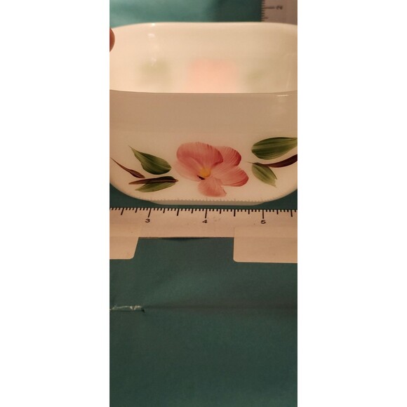 Vintage Fire-King Milk Glass Refrigerator Dish – Hand-Painted Pink Flower #17 - Picture 4 of 6